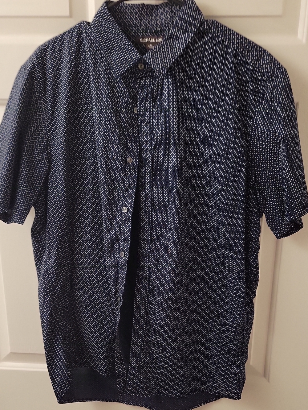 Michael Kors Navy Short-Sleeve Button-Up with White Micro Dot Print